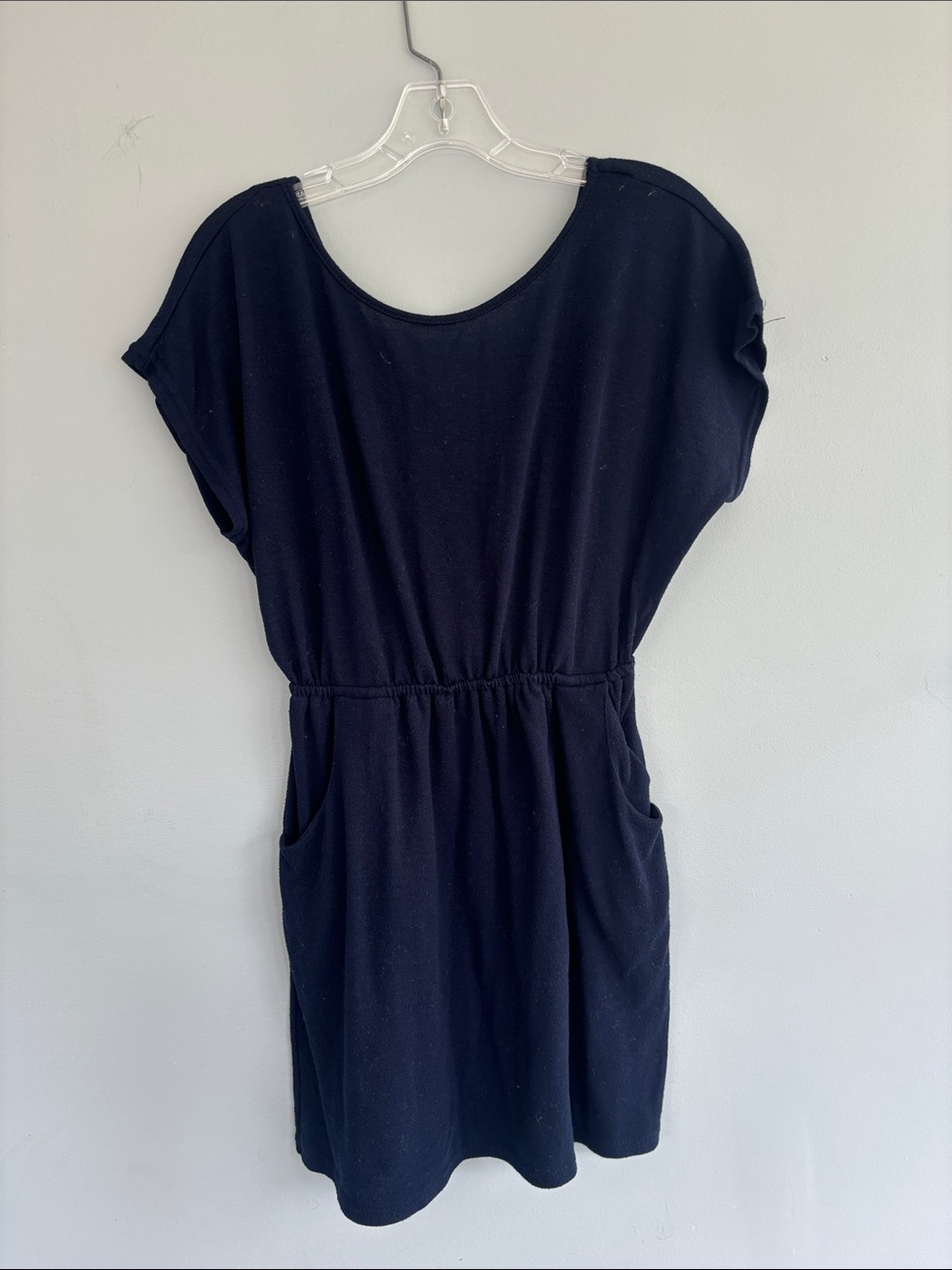 Navy Blue Short-Sleeve Elastic-Waist Mini Dress with Pockets